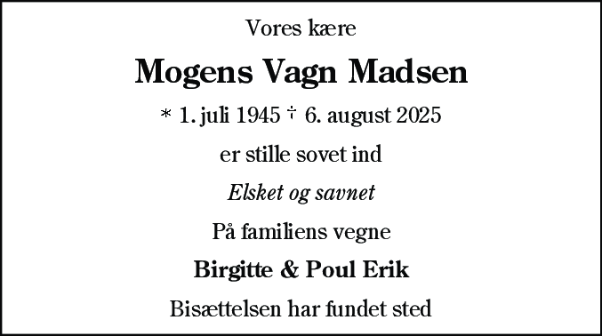 Dødsannonce for Mogens Vagn Madsen