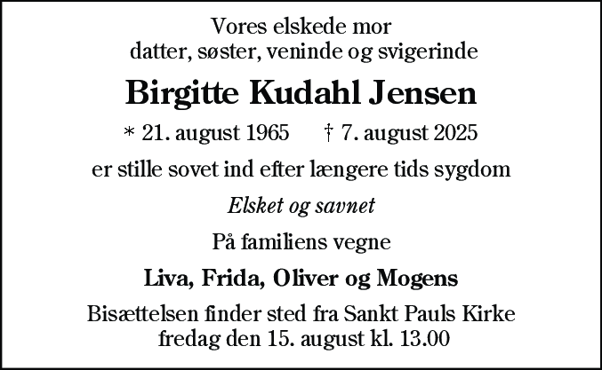 Dødsannonce for Birgitte Kudahl Jensen