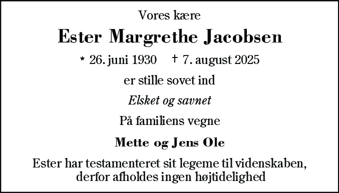 Dødsannonce for Ester Margrethe Jacobsen