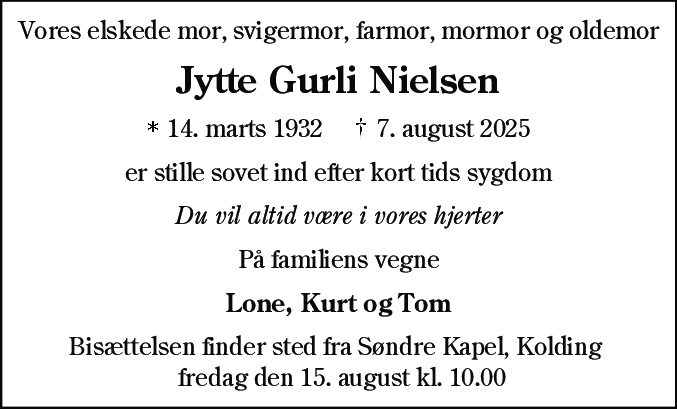 Dødsannonce for Jytte Gurli Nielsen
