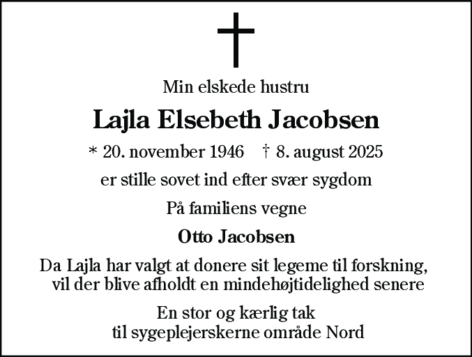 Dødsannonce for Lajla Elsebeth Jacobsen