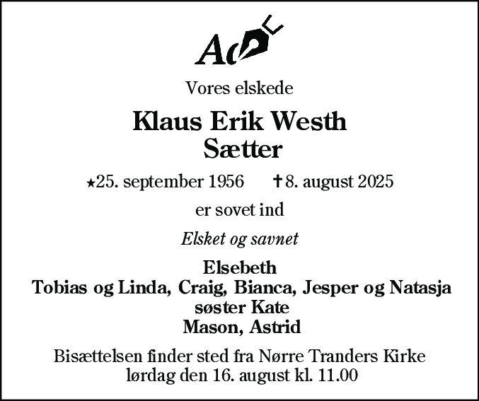 Dødsannonce for Klaus Erik Westh