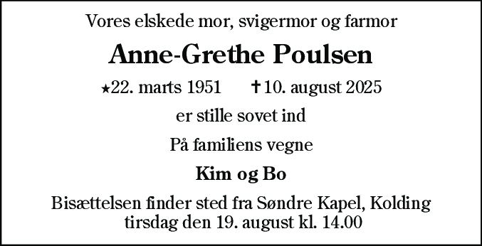 Dødsannonce for Anne-Grethe Poulsen