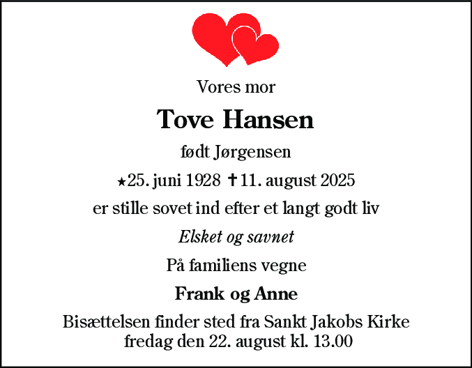 Dødsannonce for Tove Hansen