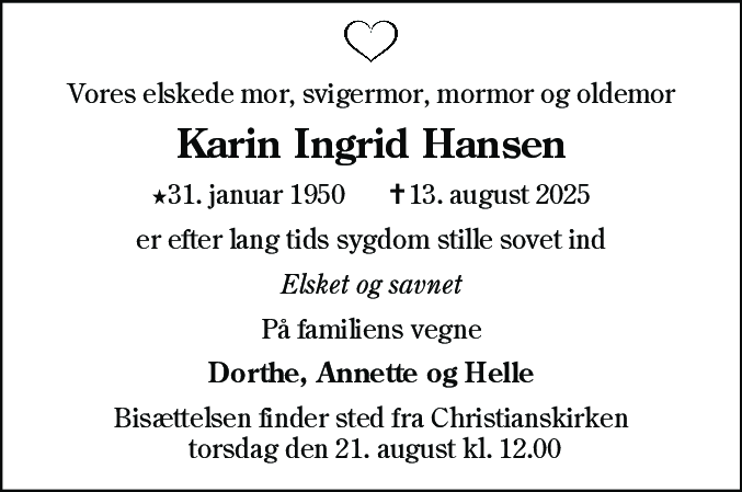Dødsannonce for Karin Ingrid Hansen