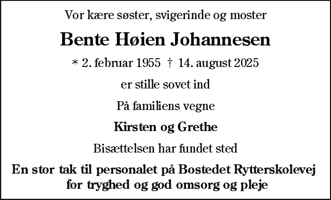 Dødsannonce for Bente Høien Johannesen