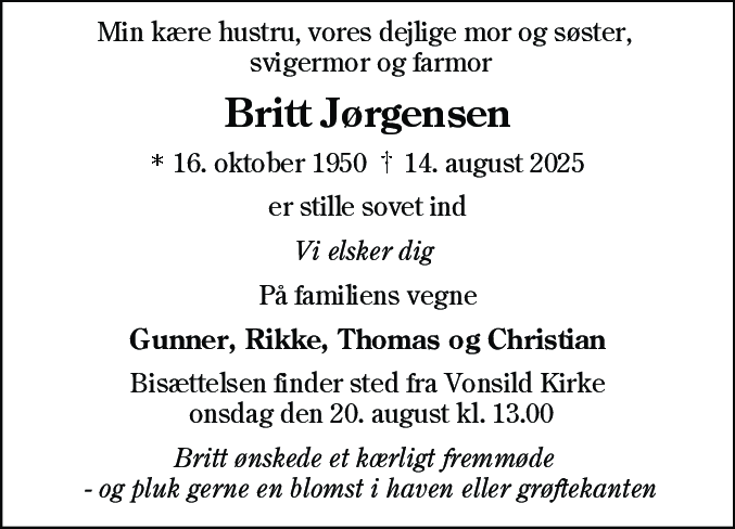Dødsannonce for Britt Jørgensen