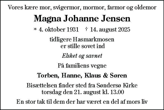 Dødsannonce for Magna Johanne Jensen