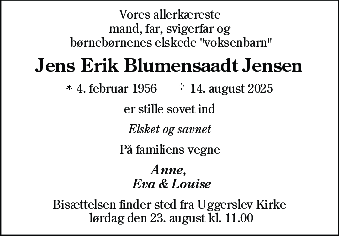 Dødsannonce for Jens Erik Blumensaadt Jensen