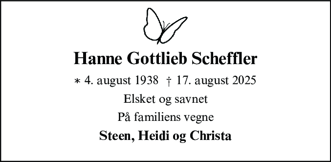 Dødsannonce for Hanne Gottlieb Scheffler