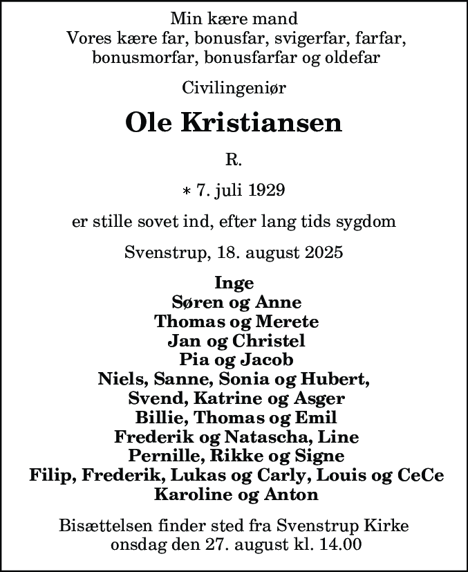 Dødsannonce for Ole Kristiansen