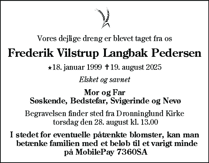 Dødsannonce for Frederik Vilstrup Langbak Pedersen