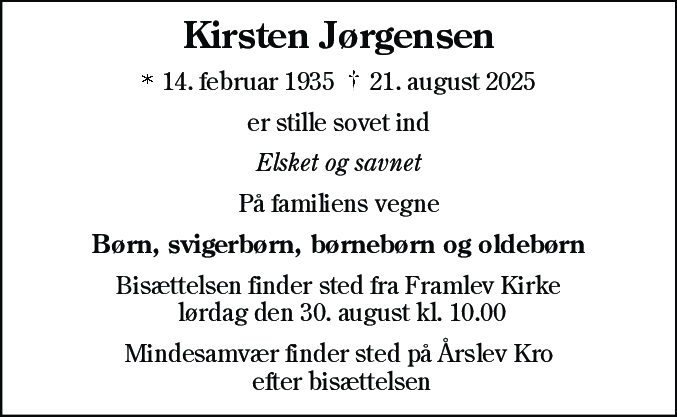 Dødsannonce for Kirsten Jørgensen