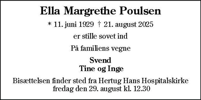 Dødsannonce for Ella Margrethe Poulsen