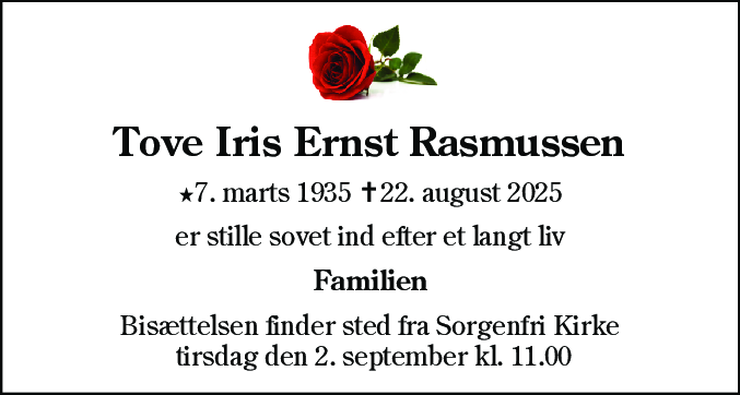 Dødsannonce for Tove Iris Ernst Rasmussen