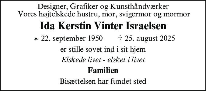 Dødsannonce for Ida Kerstin Vinter Israelsen