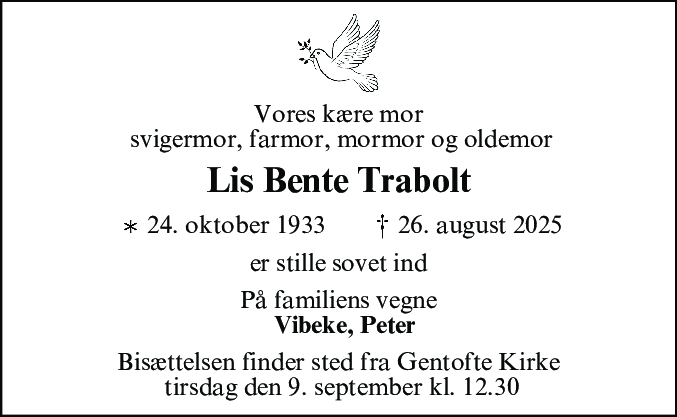 Dødsannonce for Lis Bente Trabolt