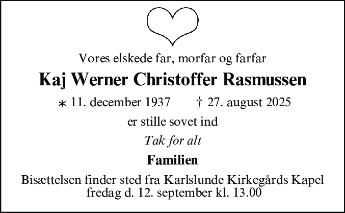Dødsannonce for Kaj Werner Christoffer Rasmussen