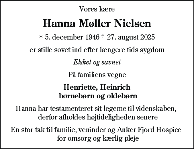 Dødsannonce for Hanna Møller Nielsen