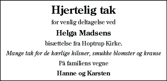 Dødsannonce for Helga Madsen