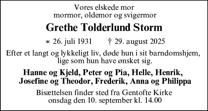 Dødsannonce for Grethe Tolderlund Storm