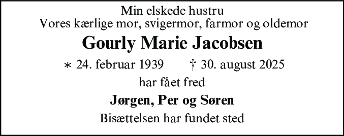 Dødsannonce for Gourly Marie Jacobsen