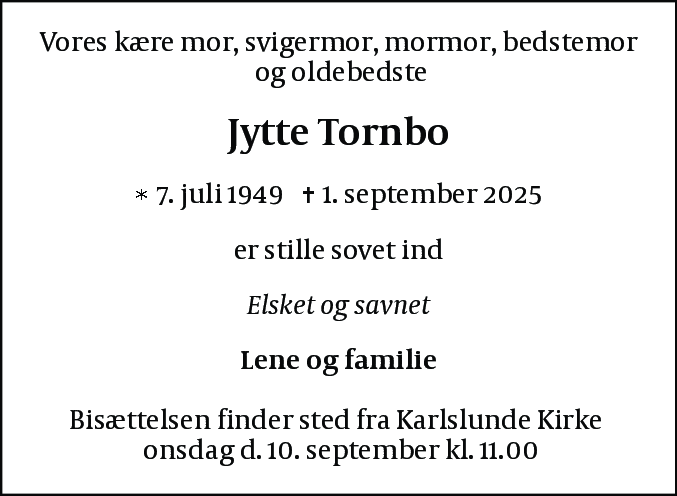 Dødsannonce for Jytte Tornbo