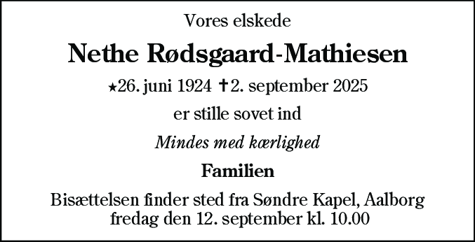 Dødsannonce for Lilly Agnete Rødsgaard-Mathiesen