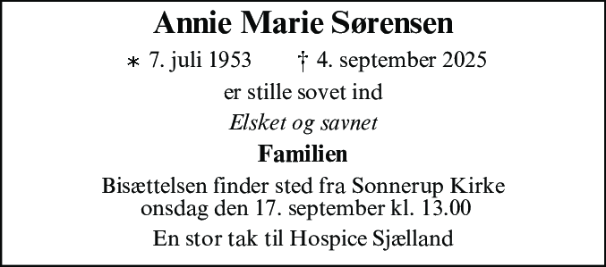 Dødsannonce for Annie Marie Sørensen