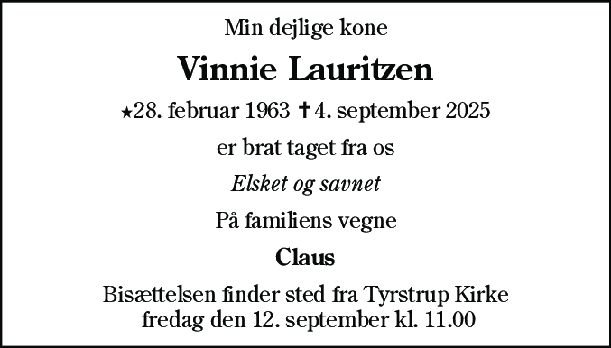 Dødsannonce for Vinnie Lauritzen