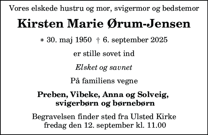 Dødsannonce for Kirsten Marie Ørum-Jensen