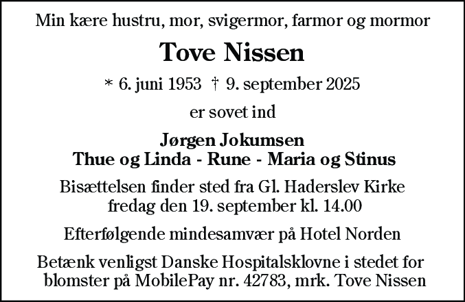 Dødsannonce for Tove Nissen