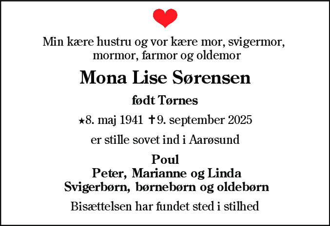 Dødsannonce for Mona Lise Sørensen