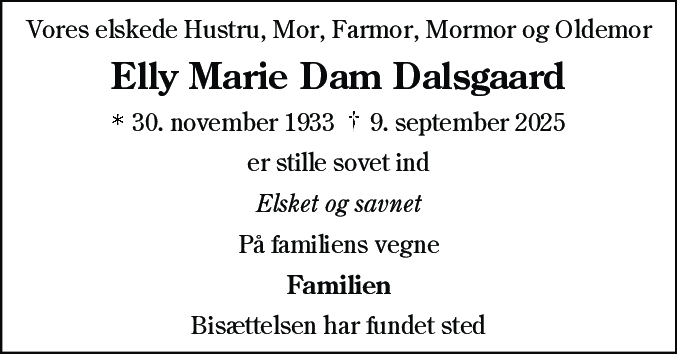 Dødsannonce for Elly Marie Dam Dalsgaard