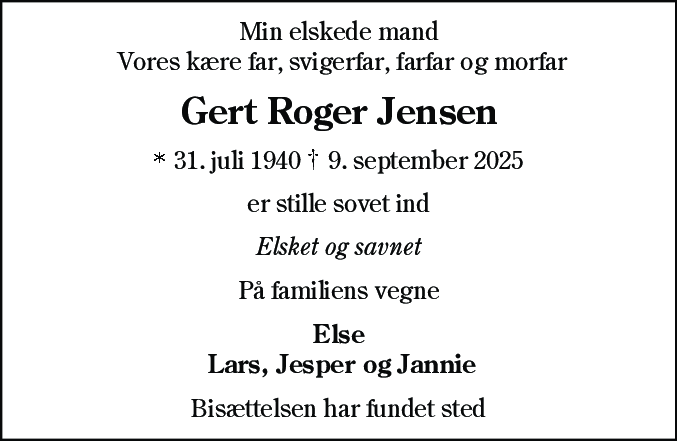 Dødsannonce for Gert Roger Jensen