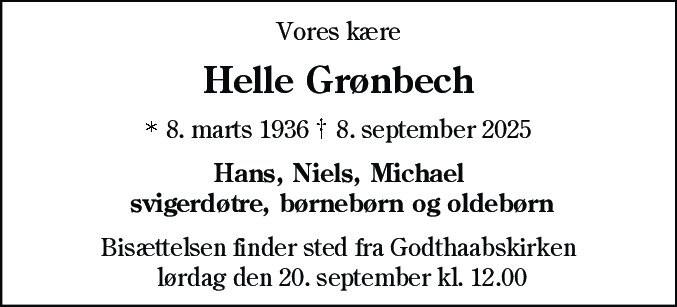 Dødsannonce for Helle Grønbech