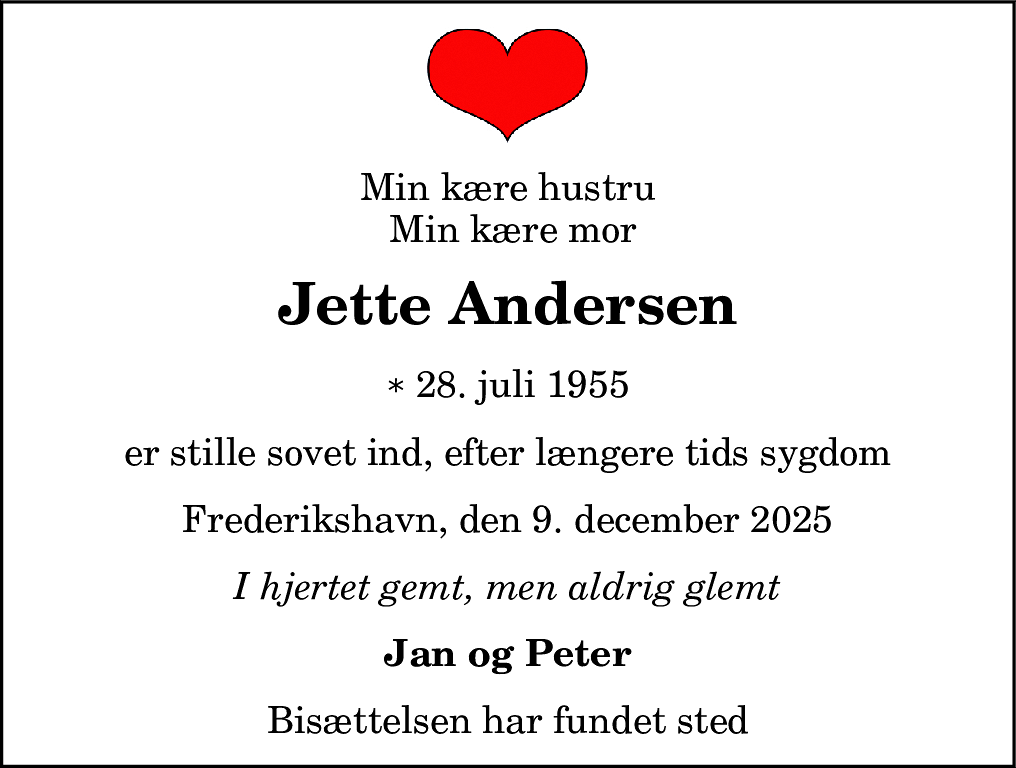 Dødsannonce for Jette Andersen