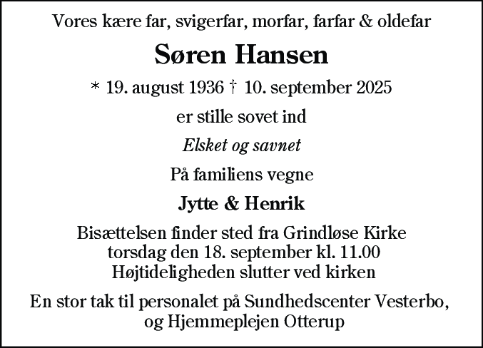 Dødsannonce for Søren Hansen