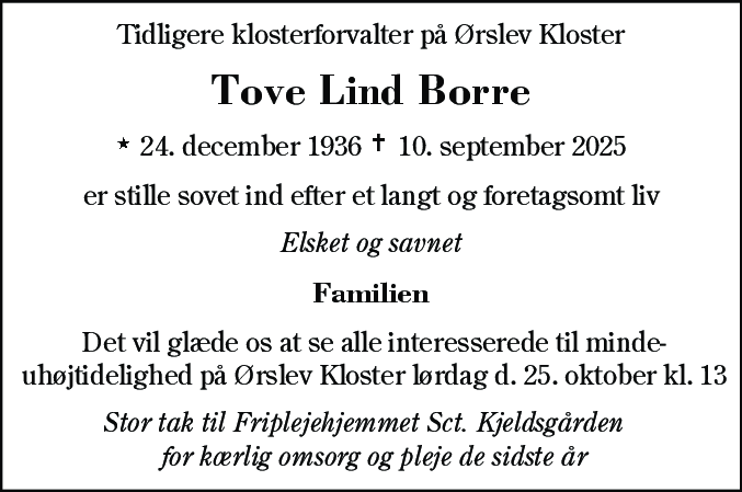 Dødsannonce for Tove Lind Borre