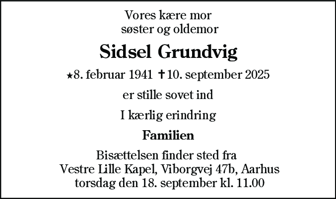 Dødsannonce for Sidsel Grundvig