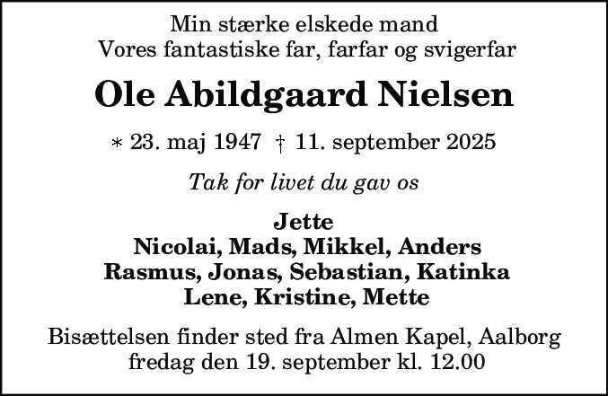 Dødsannonce for Ole Abildgaard Nielsen