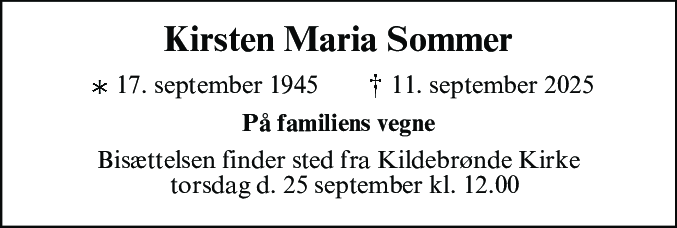 Dødsannonce for Kirsten Maria Sommer
