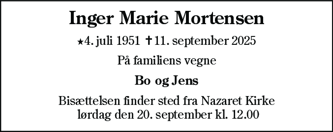 Dødsannonce for Inger Marie Mortensen