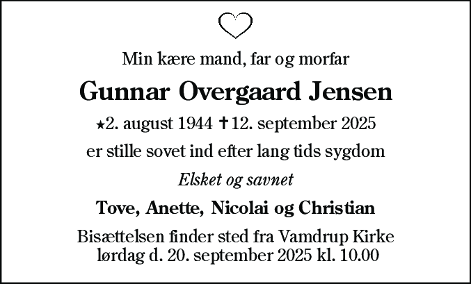 Dødsannonce for Gunnar Overgaard Jensen