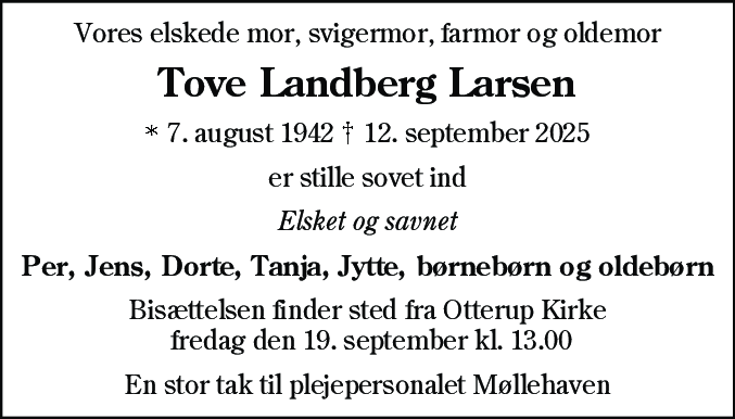 Dødsannonce for Tove Landberg Larsen