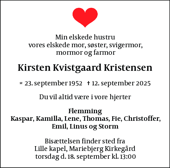 Dødsannonce for Kirsten Kvistgaard Kristensen