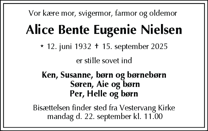 Dødsannonce for Alice Bente Eugenie Nielsen