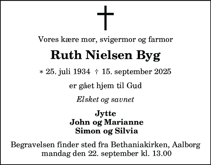 Dødsannonce for Ruth Byg