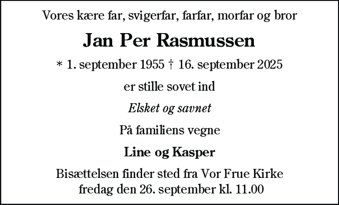 Dødsannonce for Jan Per Rasmussen