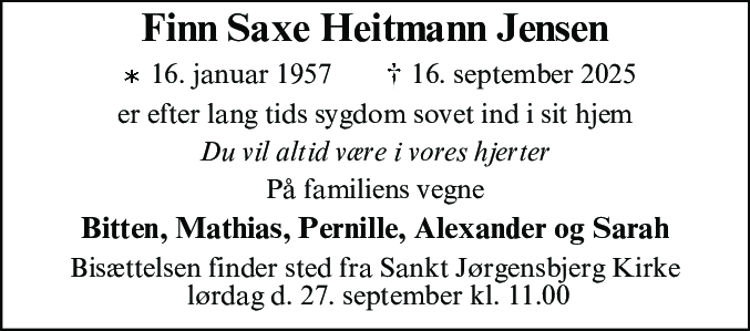 Dødsannonce for Finn Saxe Heitmann Jensen